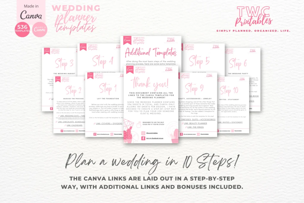 Wedding planner Canva templates in pinks, editable binder pages and dividers preview 4