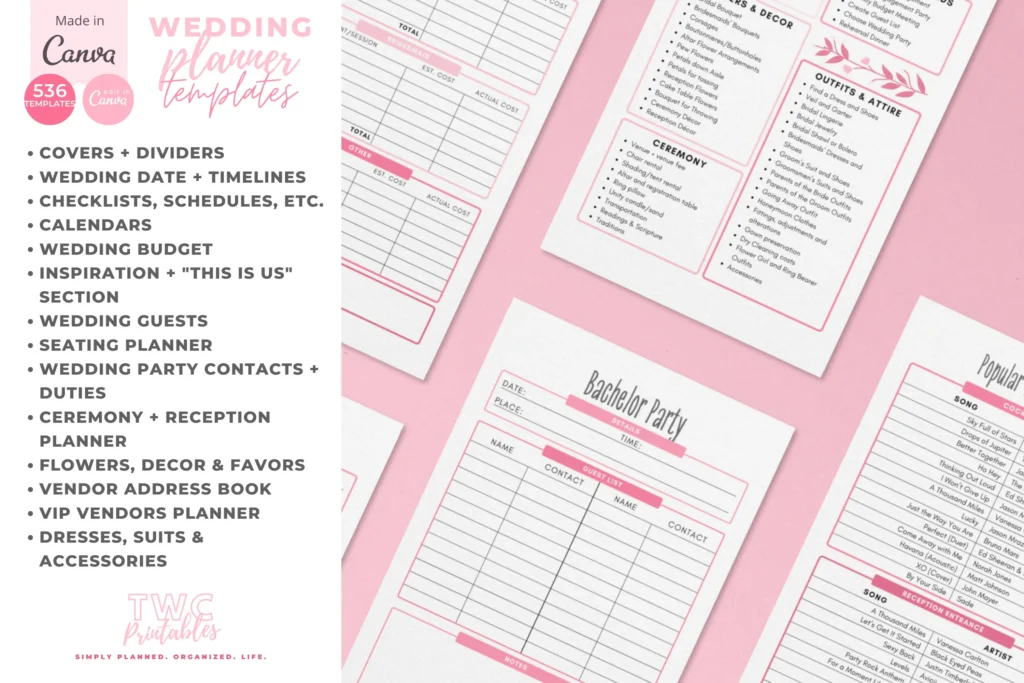Wedding planner Canva templates in pinks, editable binder pages and dividers preview 5