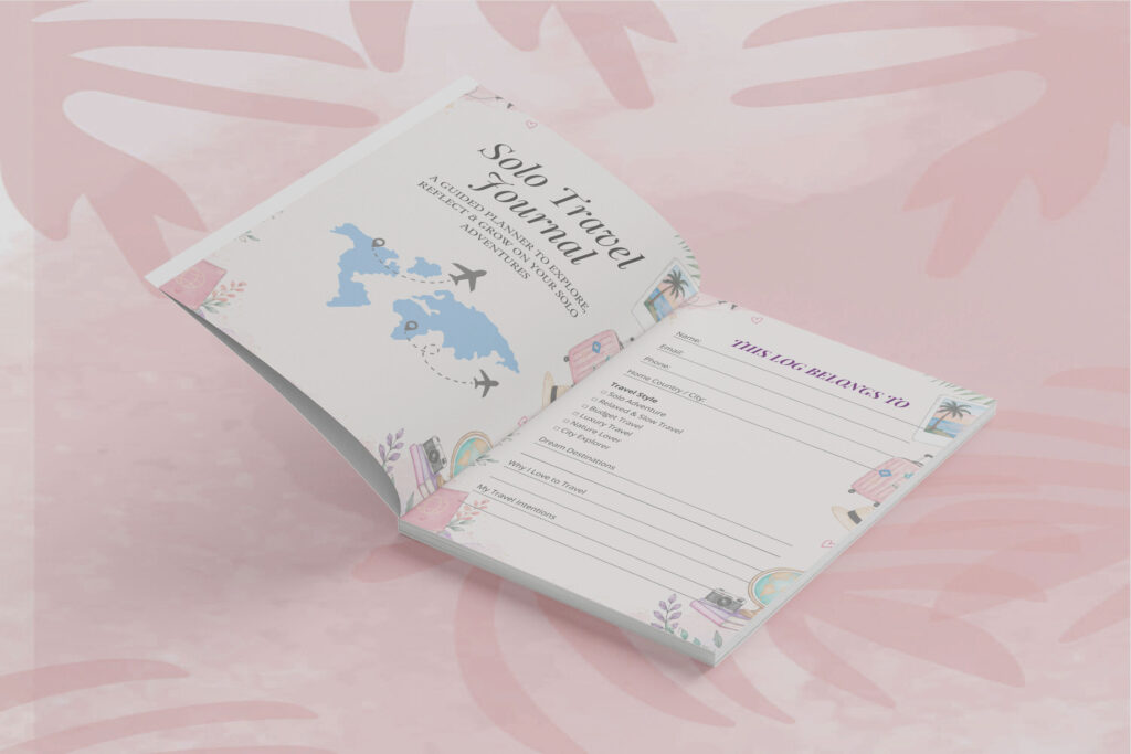 Canva editable solo travel journal for women with planning pages preview 1
