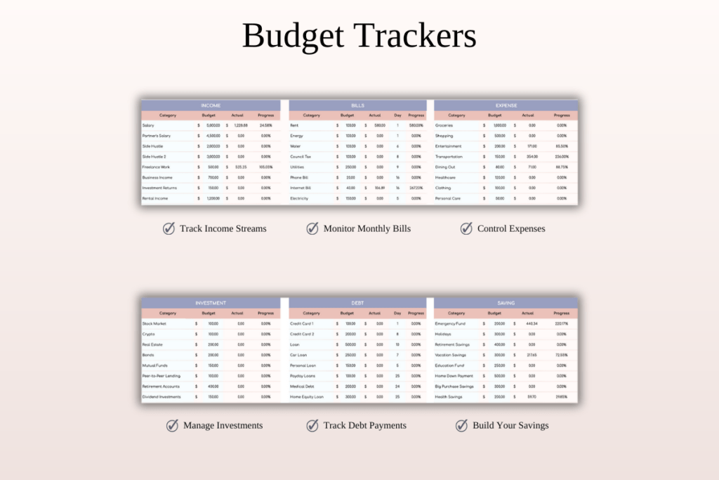 Monthly budget spreadsheet template for Excel and Google Sheets with dashboards preview 3
