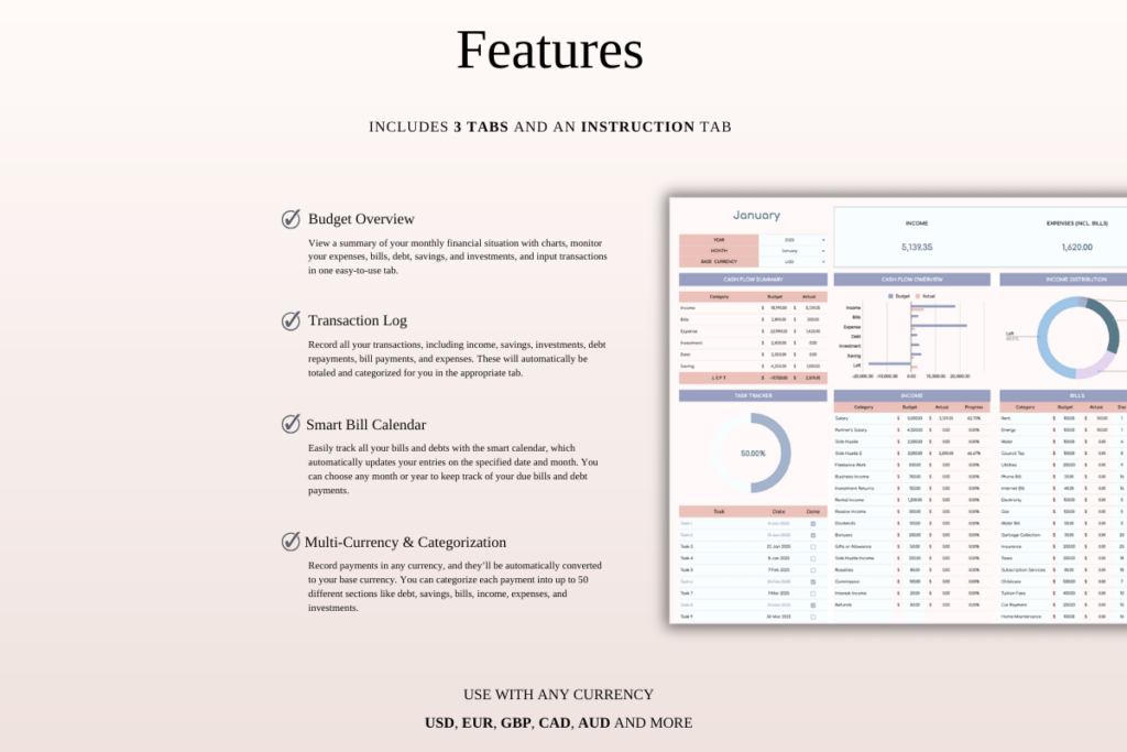 Monthly budget spreadsheet template for Excel and Google Sheets with dashboards preview 1