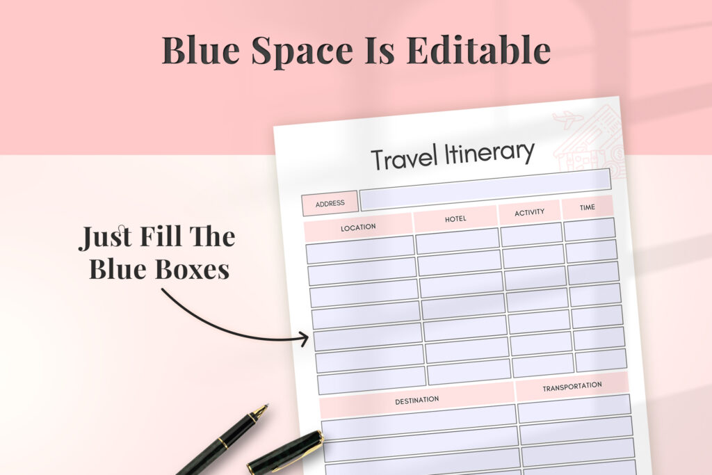 Printable and fillable travel planner pages with itinerary and packing lists preview 2