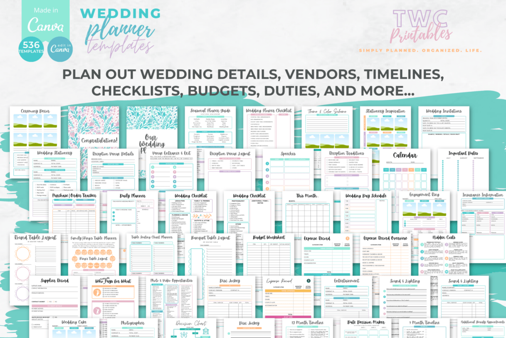 Editable wedding planner Canva templates in bright ice cream colors, A4 and US Letter preview 2