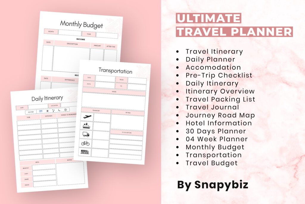 Printable and fillable travel planner pages with itinerary and packing lists preview 5