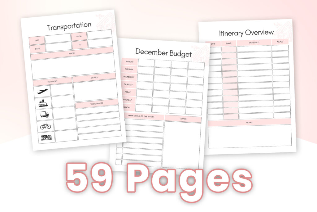 Printable and fillable travel planner pages with itinerary and packing lists preview 1