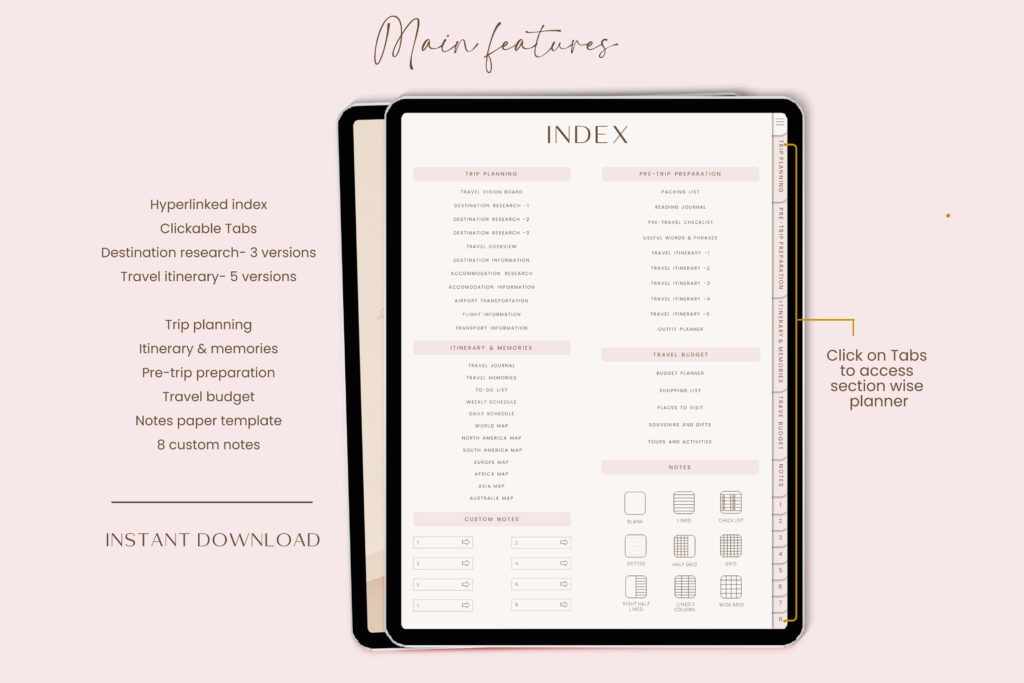 GoodNotes digital travel journal planner with hyperlinked trip pages preview 2
