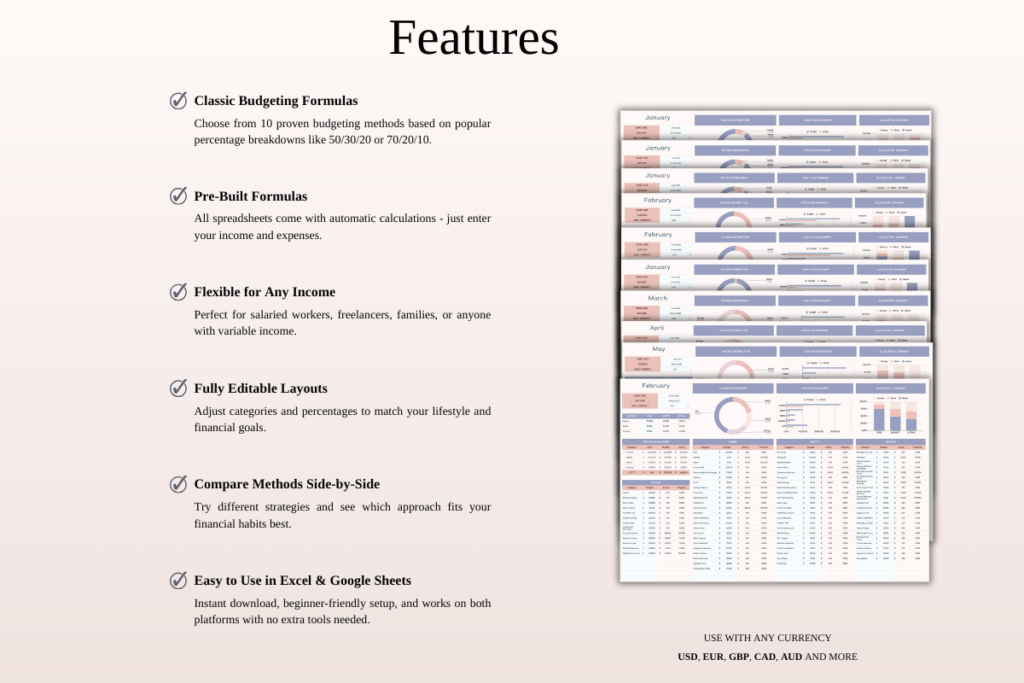 Excel and Google Sheets budgeting templates using classic percentage methods preview 2