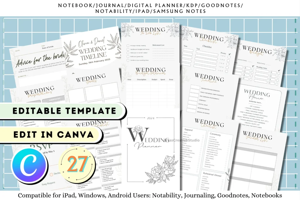Editable wedding planner Canva templates with budget, checklists, timeline, and menus preview 1
