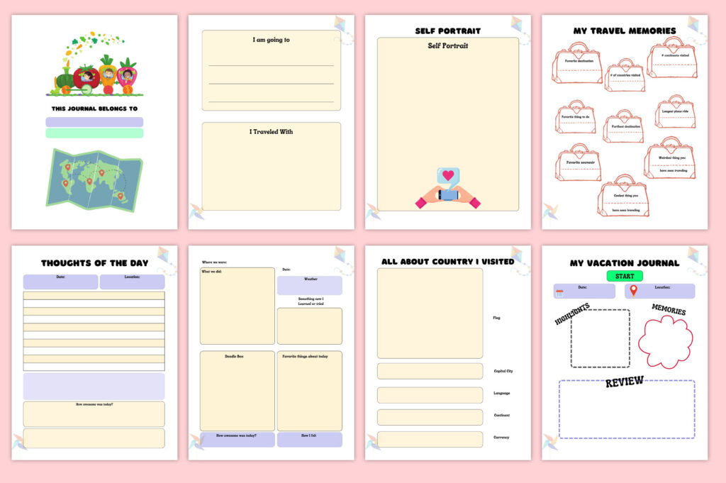 Kids travel journal Canva template with prompts, maps, planners, 8.5x11 no-bleed preview 1