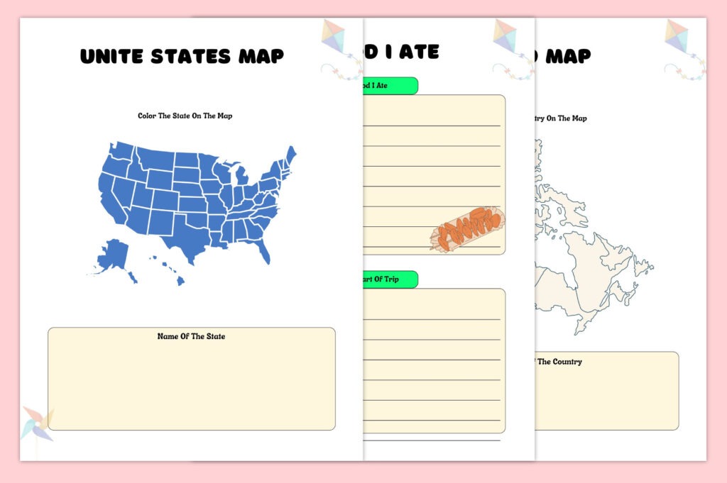 Kids travel journal Canva template with prompts, maps, planners, 8.5x11 no-bleed preview 3