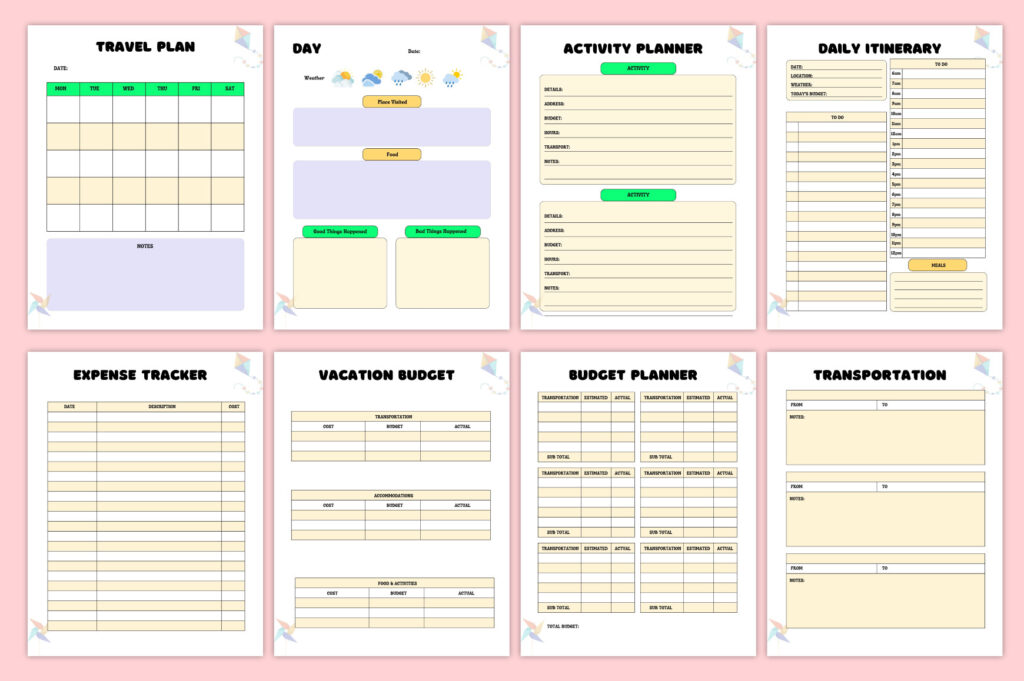 Kids travel journal Canva template with prompts, maps, planners, 8.5x11 no-bleed preview 2