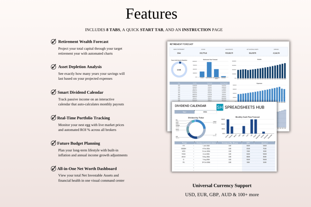 Retirement portfolio tracker spreadsheet template for Excel and Google Sheets preview 1