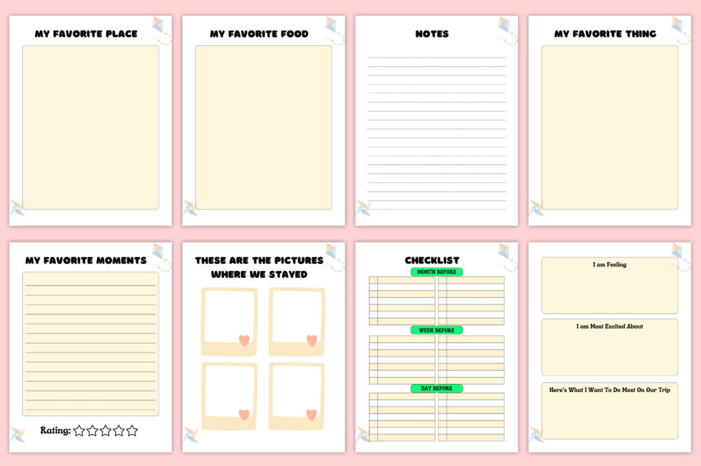 Kids travel journal Canva template with prompts, maps, planners, 8.5x11 no-bleed preview 4