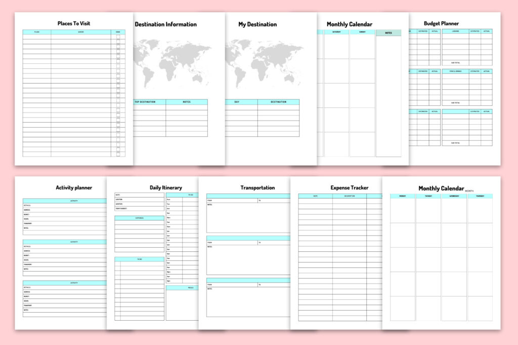 Editable travel planner Canva template pages with itinerary, budget and packing lists preview 1