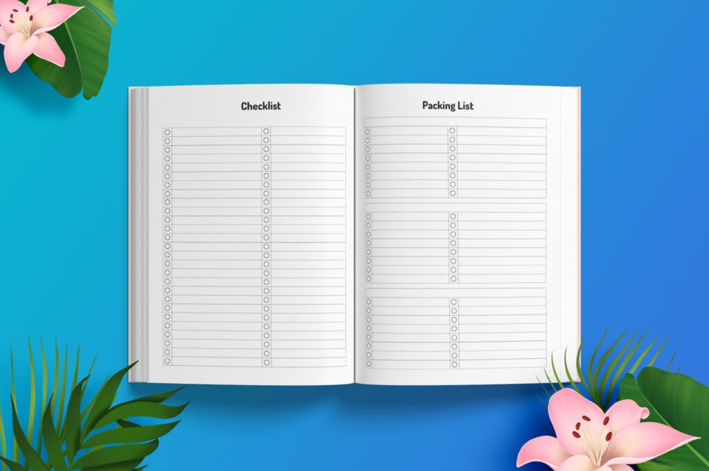 Editable travel planner Canva template pages with itinerary, budget and packing lists preview 3
