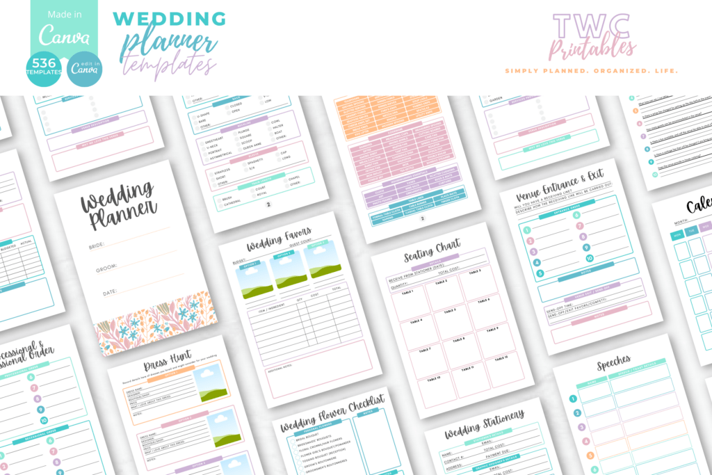 Editable wedding planner Canva templates in bright ice cream colors, A4 and US Letter preview 3