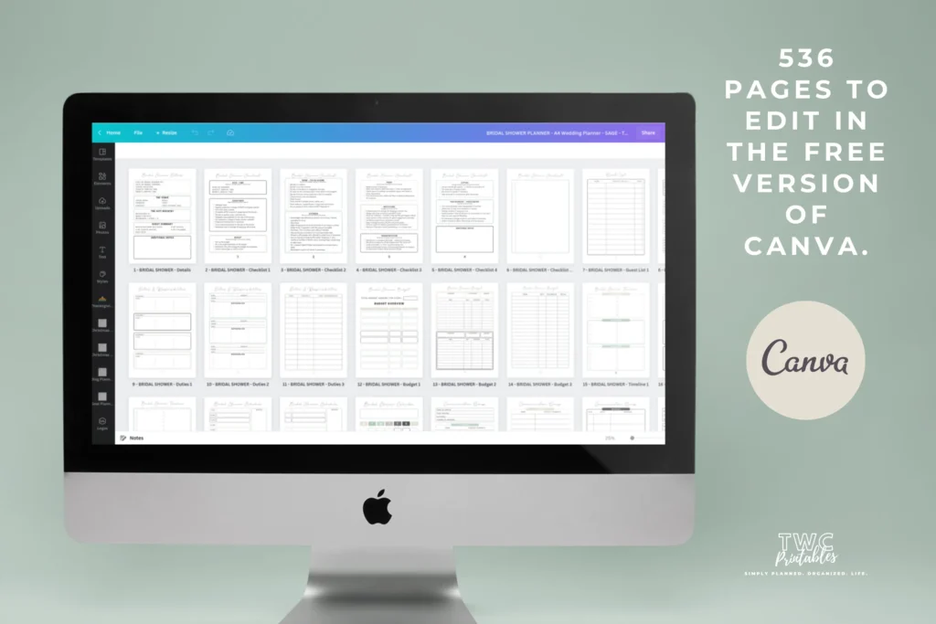 Sage wedding planner Canva templates with checklists, budgets, and timelines preview 1