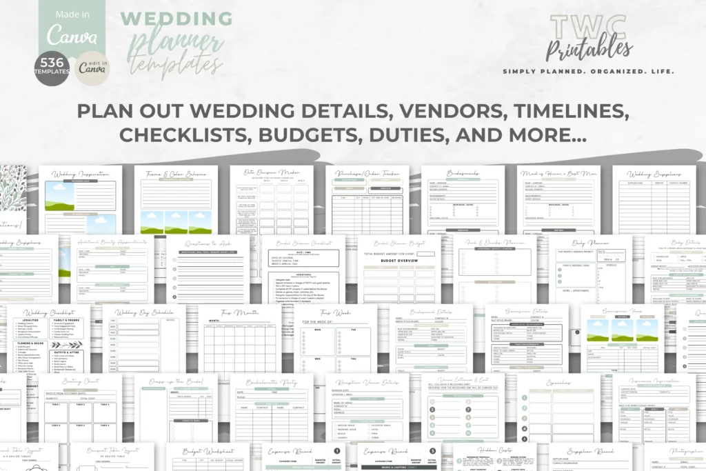 Sage wedding planner Canva templates with checklists, budgets, and timelines preview 2