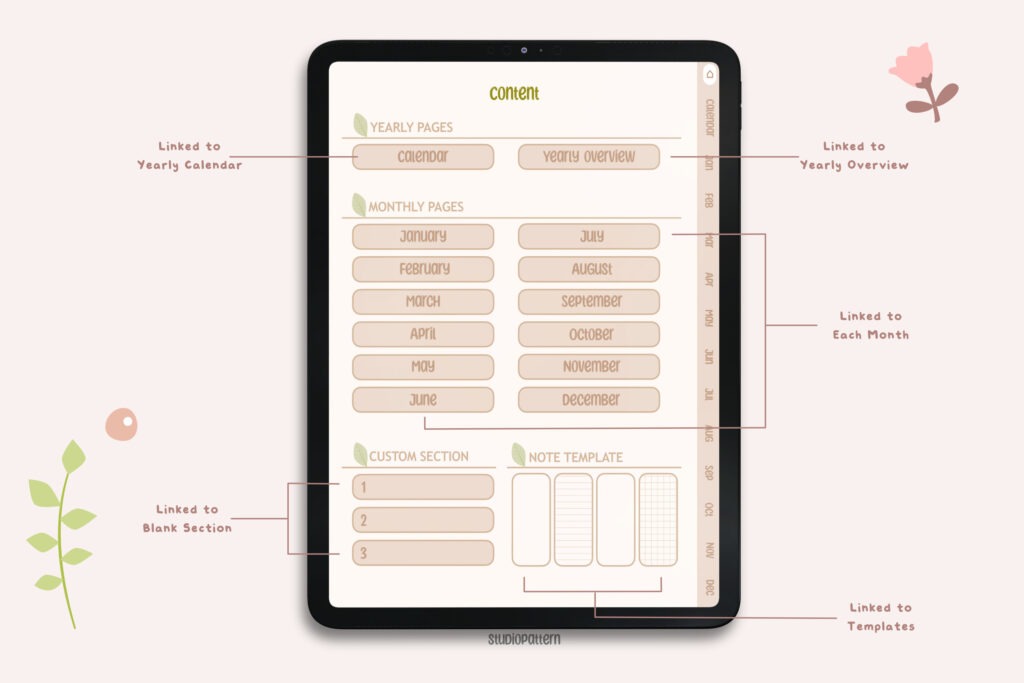 Undated digital daily planner PDF for iPad with hyperlinked monthly tabs preview 1
