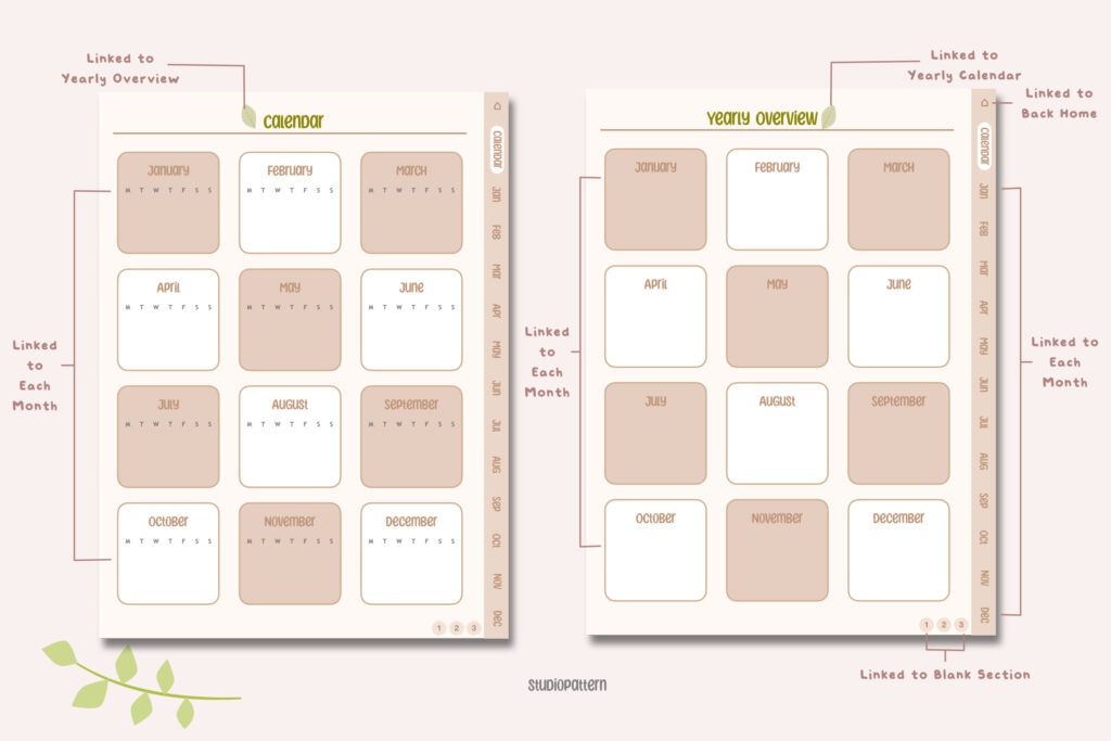 Undated digital daily planner PDF for iPad with hyperlinked monthly tabs preview 2