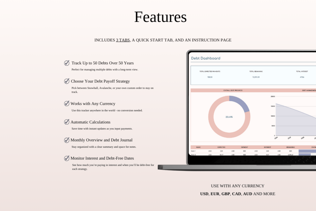 Debt payoff tracker spreadsheet template for Excel and Google Sheets dashboard preview 1