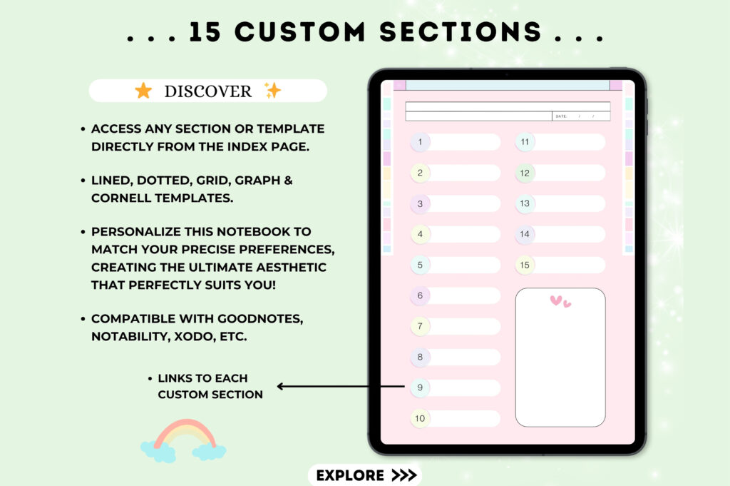 Hyperlinked digital notebook for GoodNotes with pastel covers and stickers preview 3