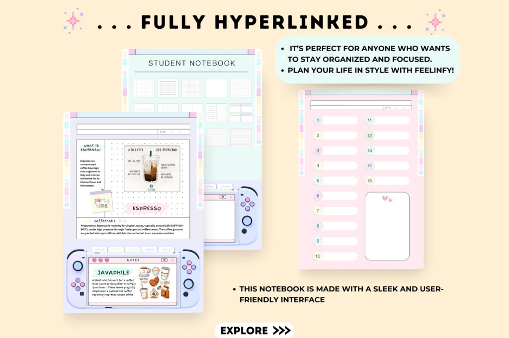 Hyperlinked digital notebook for GoodNotes with pastel covers and stickers preview 4
