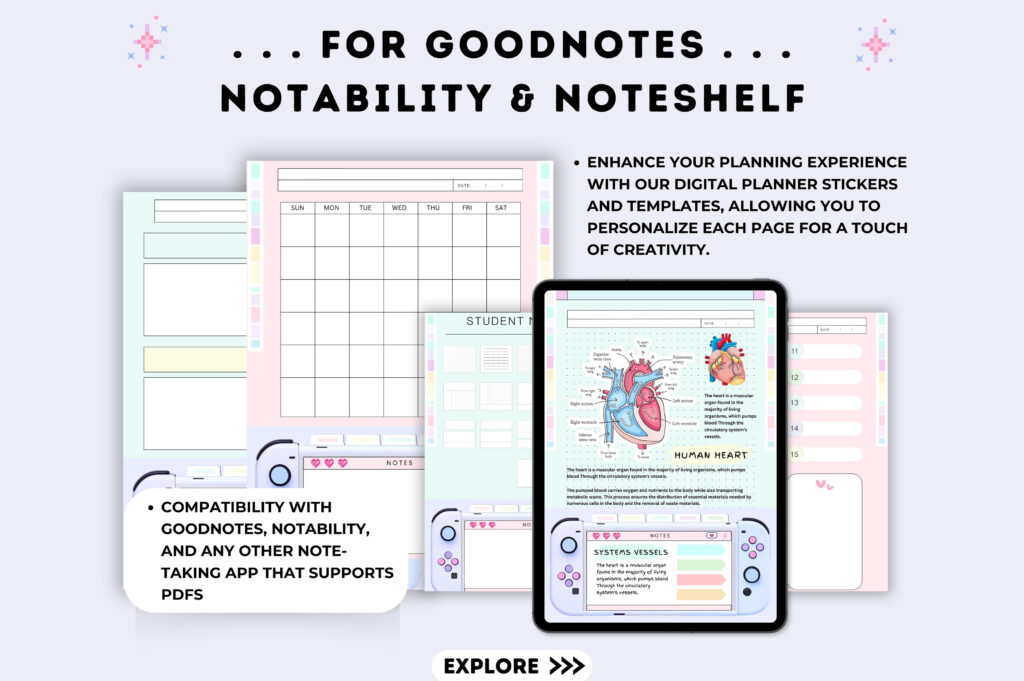 Hyperlinked digital notebook for GoodNotes with pastel covers and stickers preview 5