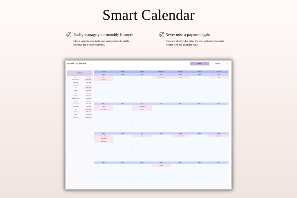 Rainbow bill tracker spreadsheet template for Excel and Google Sheets calendar view preview 4