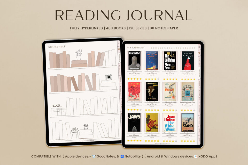 Portrait GoodNotes reading journal with hyperlinked pages, trackers, and challenges preview 1