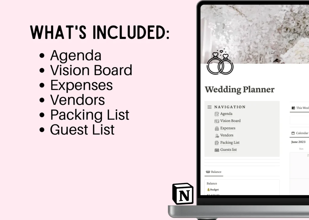 Notion wedding planner dashboard with guest list, budget and vendor trackers preview 1