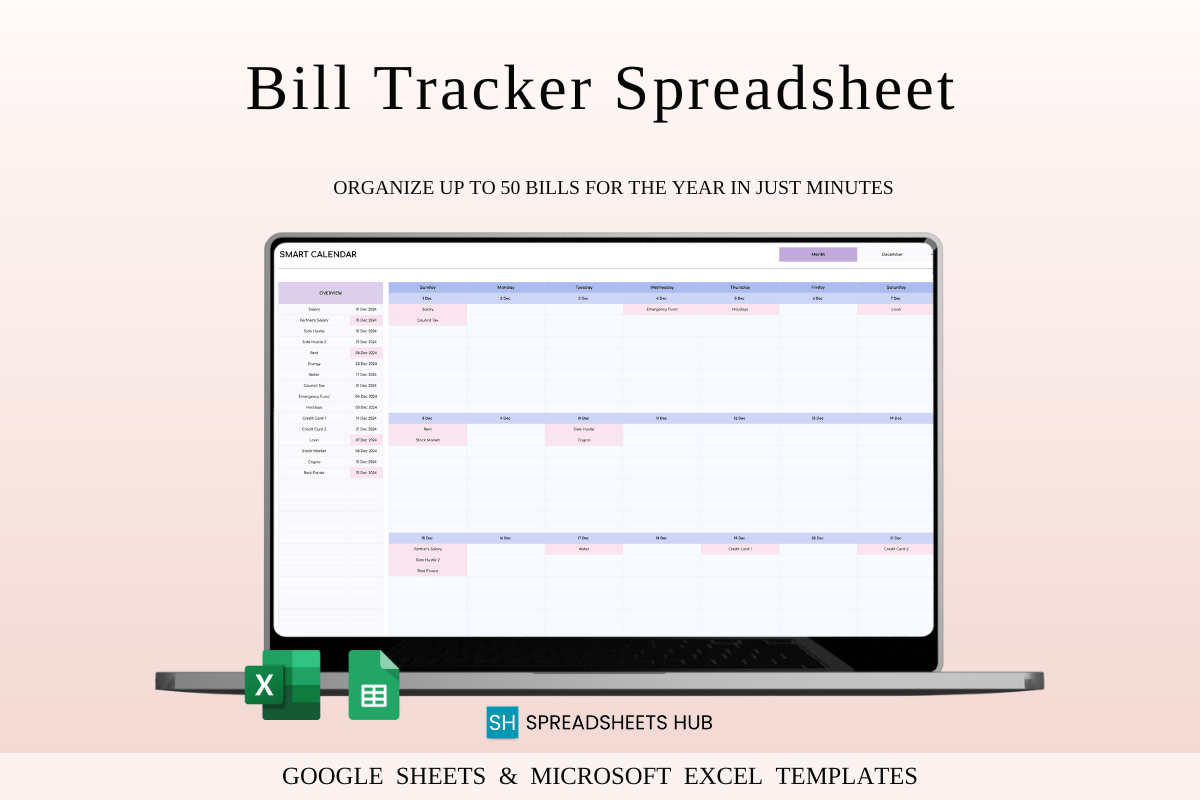 Bill Tracker Spreadsheet for Excel & Google Sheets