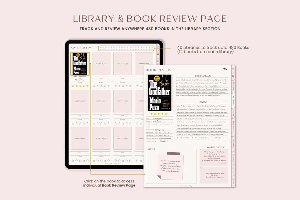 Portrait GoodNotes reading journal with hyperlinked pages, trackers, and challenges preview 4
