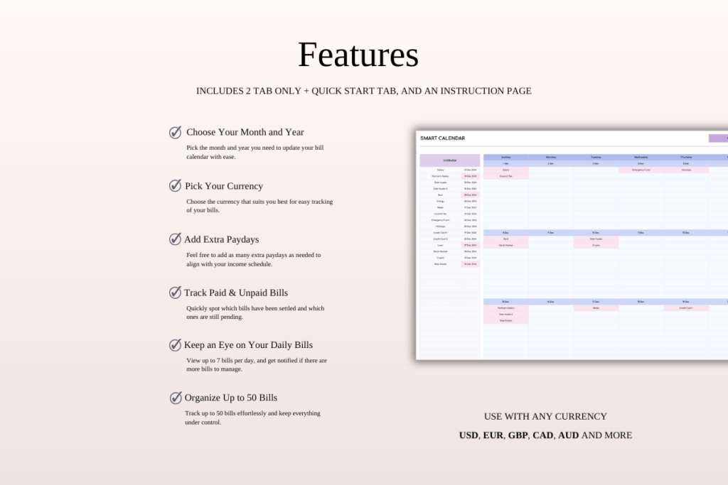 Rainbow bill tracker spreadsheet template for Excel and Google Sheets calendar view preview 1
