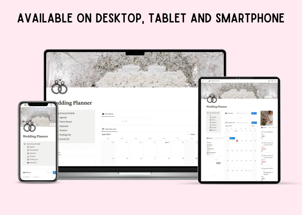 Notion wedding planner dashboard with guest list, budget and vendor trackers preview 2