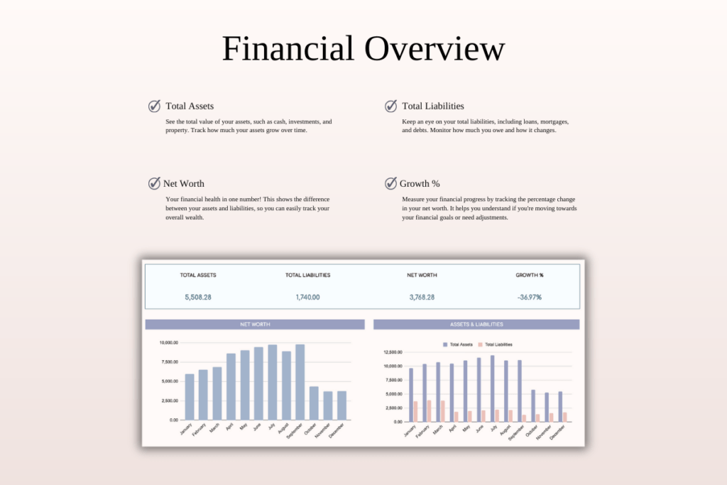 Net worth tracker spreadsheet for Excel and Google Sheets with automated charts preview 3