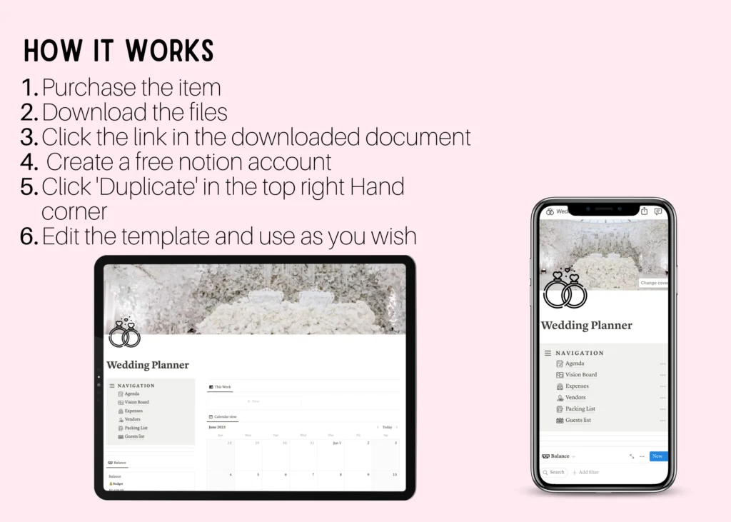 Notion wedding planner dashboard with guest list, budget and vendor trackers preview 3