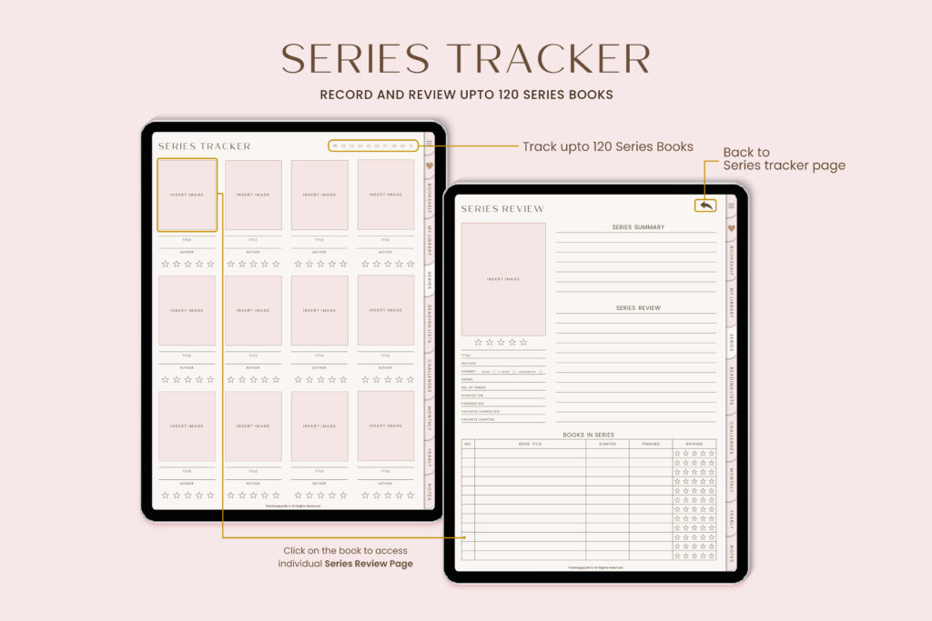 Portrait GoodNotes reading journal with hyperlinked pages, trackers, and challenges preview 5