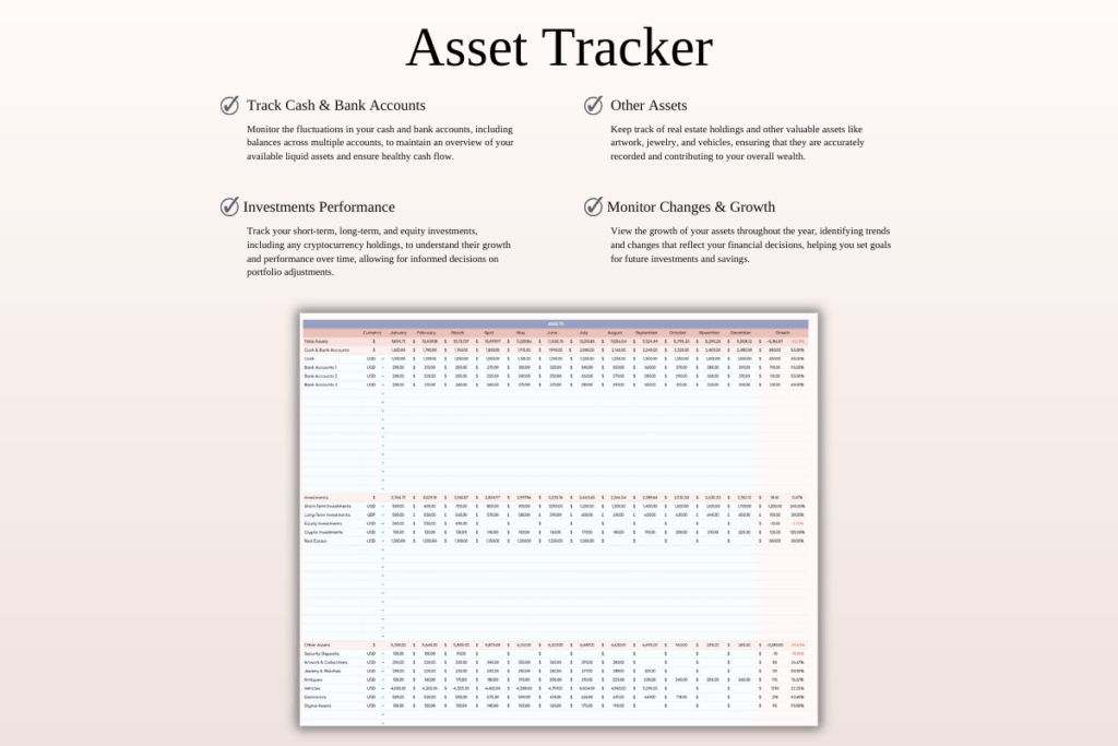 Net worth tracker spreadsheet for Excel and Google Sheets with automated charts preview 5