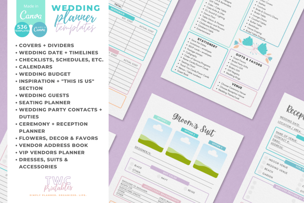 Editable wedding planner Canva templates in bright ice cream colors, A4 and US Letter preview 5