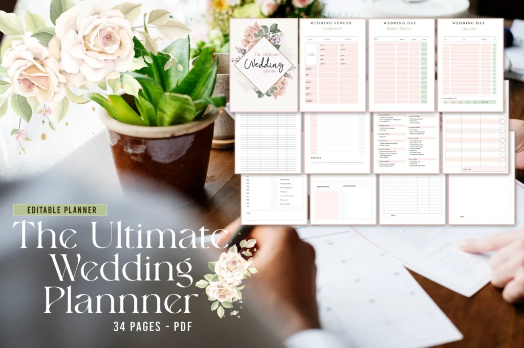 Printable wedding planner PDF with checklists, budget, guest list, and timeline preview 1