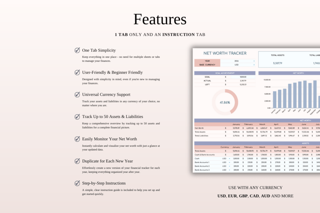 Net worth tracker spreadsheet for Excel and Google Sheets with automated charts preview 1