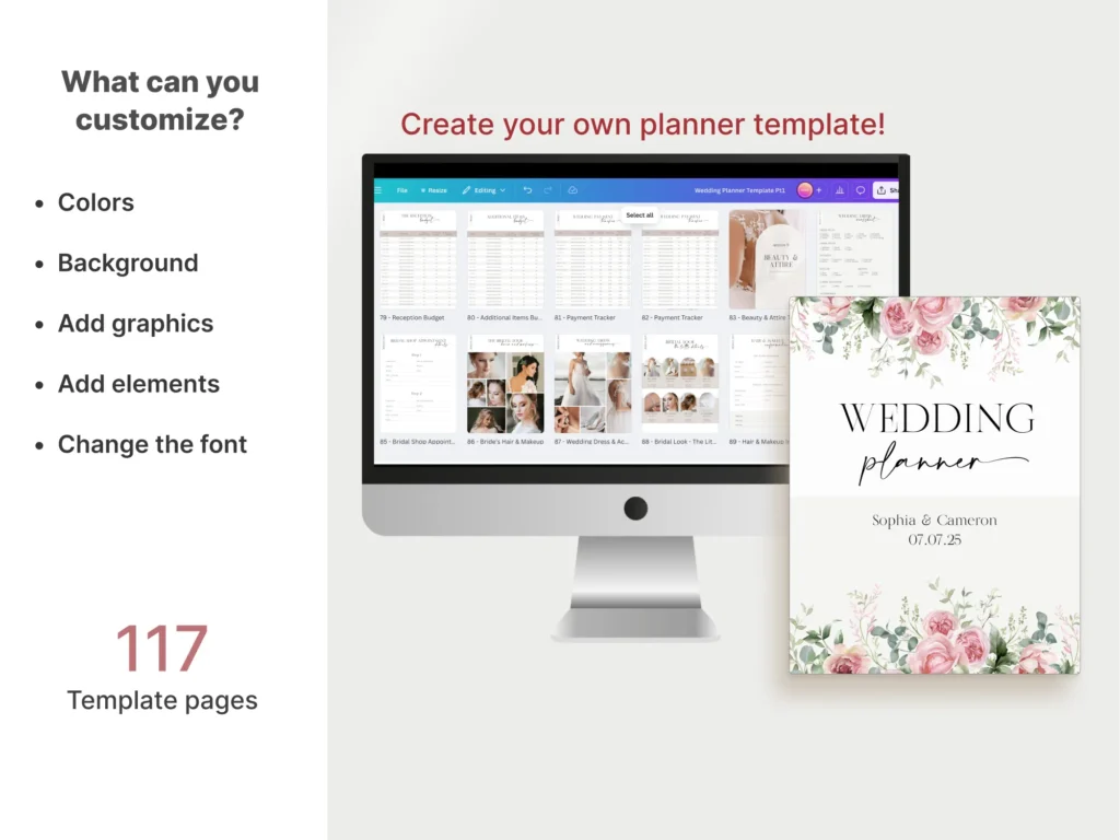 Editable wedding planner Canva template with checklists, budgets, timelines preview 2