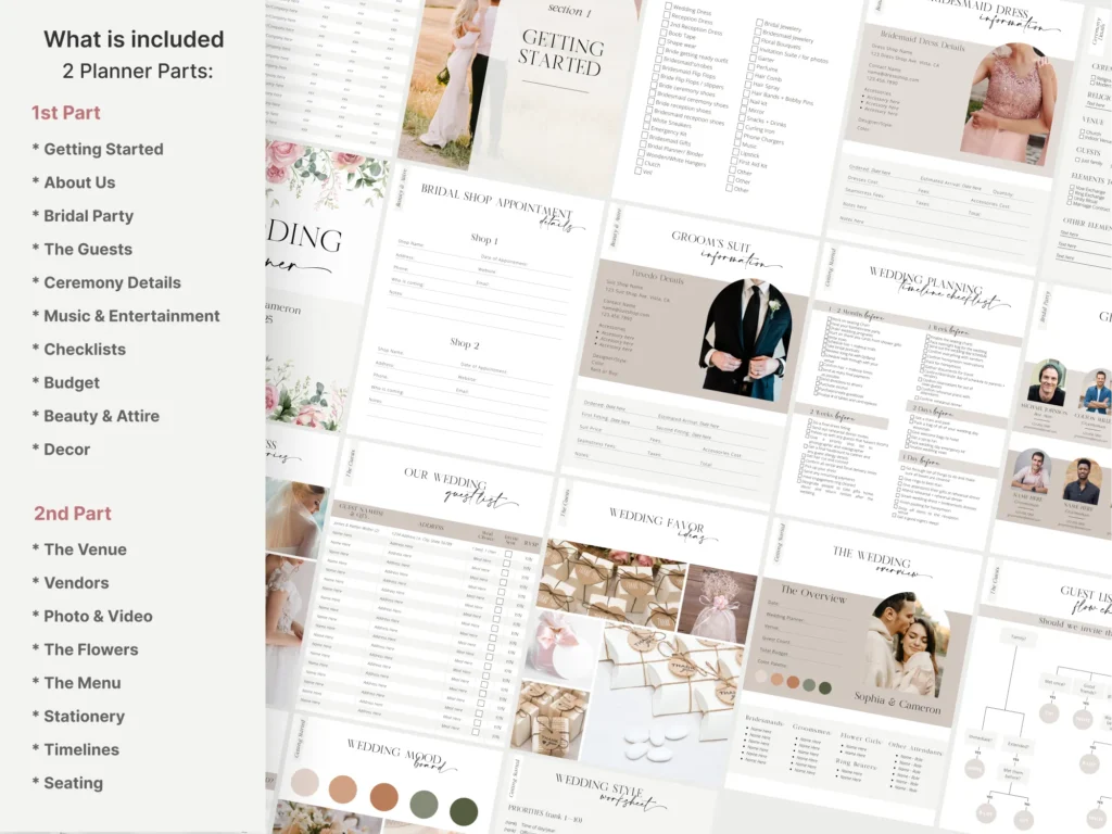 Editable wedding planner Canva template with checklists, budgets, timelines preview 1