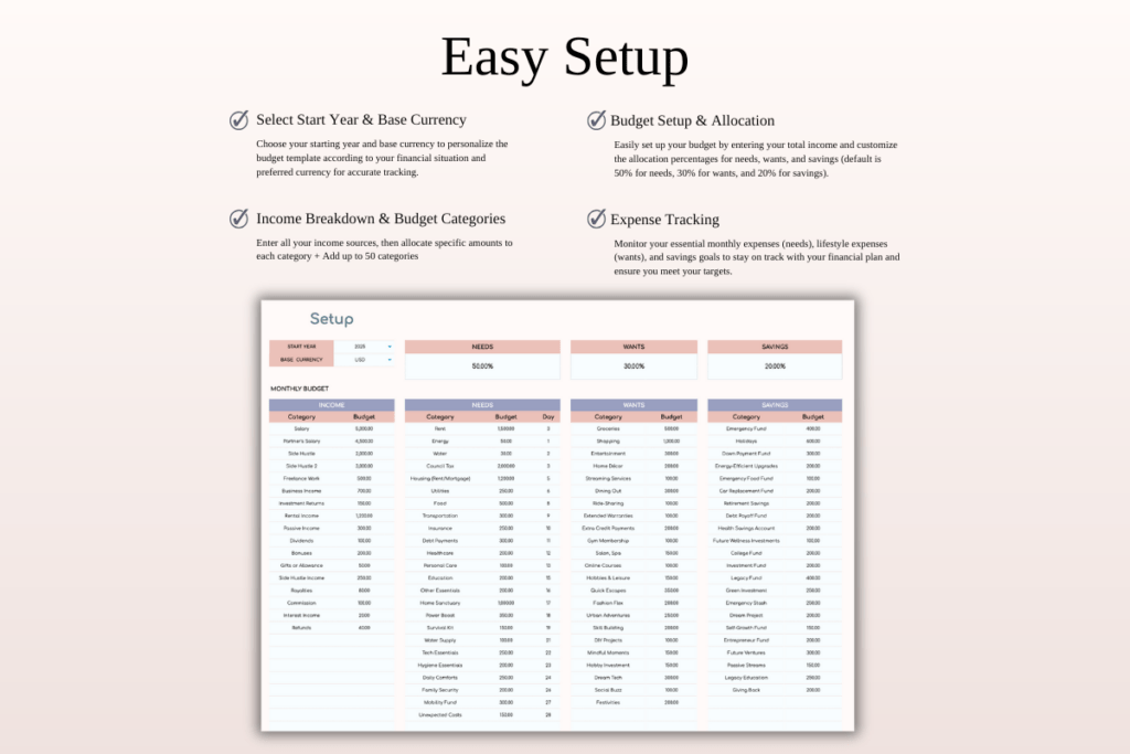 Annual 50/30/20 budget spreadsheet template for Excel and Google Sheets preview 2