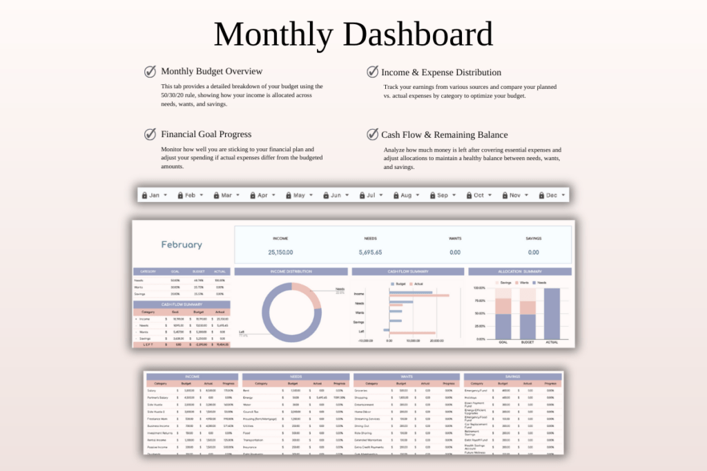 Annual 50/30/20 budget spreadsheet template for Excel and Google Sheets preview 1