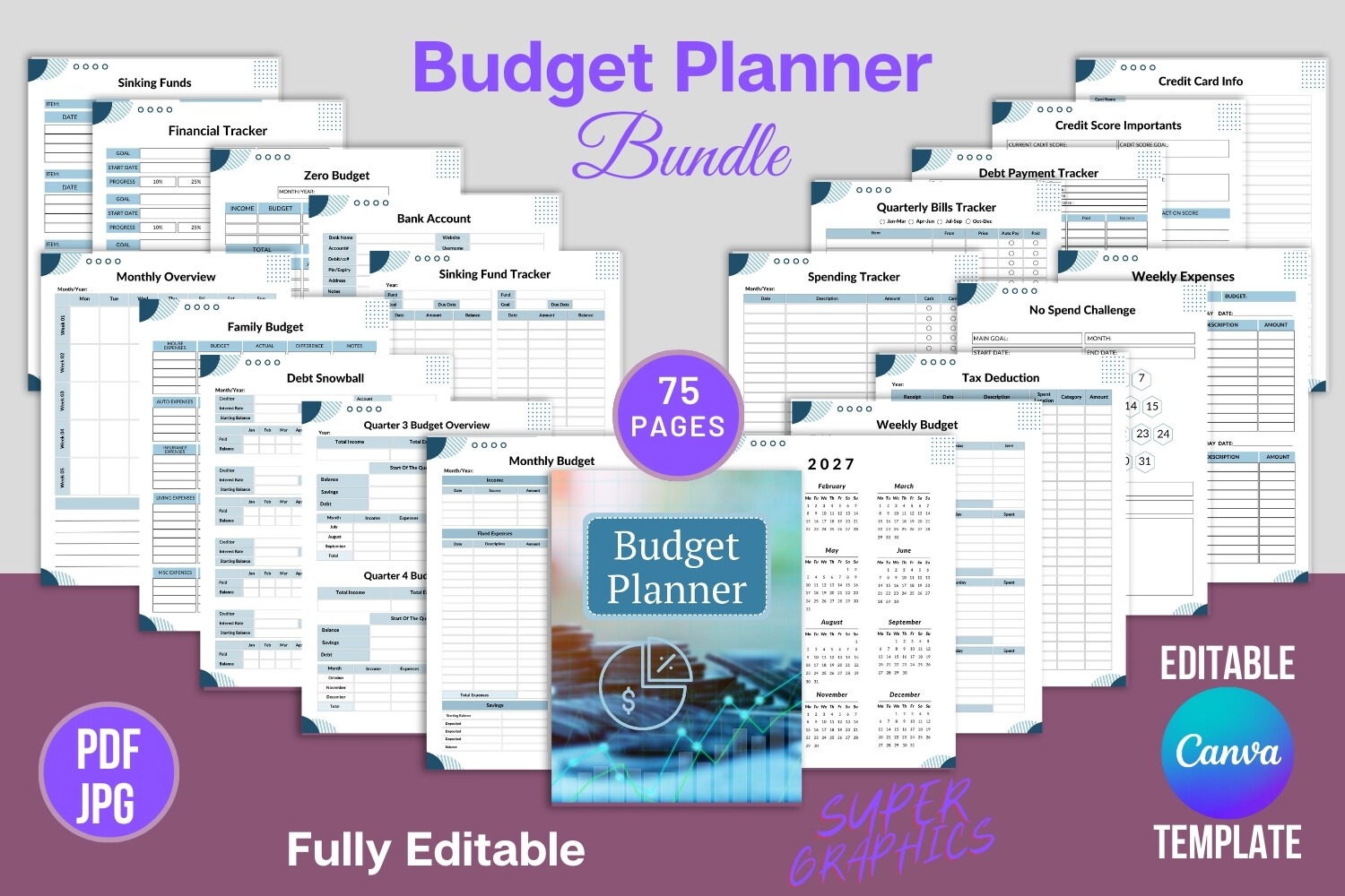 Budget Planner Canva Template Bundle (KDP Interior, 76 Pages)
